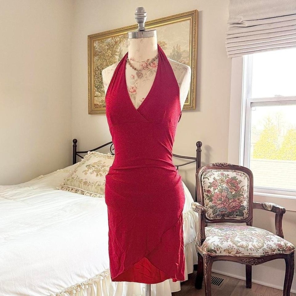 red fairy halter midi dress  y2k red shimmer halter dress opera size small